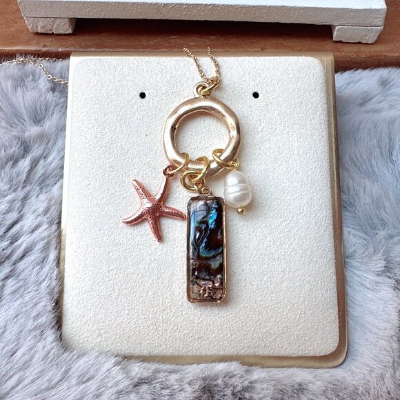 Abalone with Freshwater Pearl Starfish Charm Gold Long Necklace - Picture 2 of 6